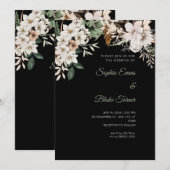 Invitation Mariage Bohème Fleurs Blanches Hiver Noir (Devant / Derrière)
