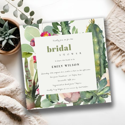 INVITATION MARIAGE BOHÈME FLEURS DE CACTUS FEUILLAGE ROSE