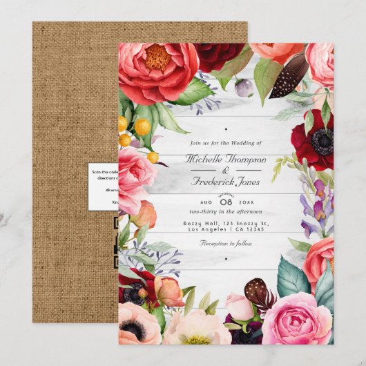 Invitation Mariage bohème floral bohème code QR RSVP rustique (Devant / Derrière)