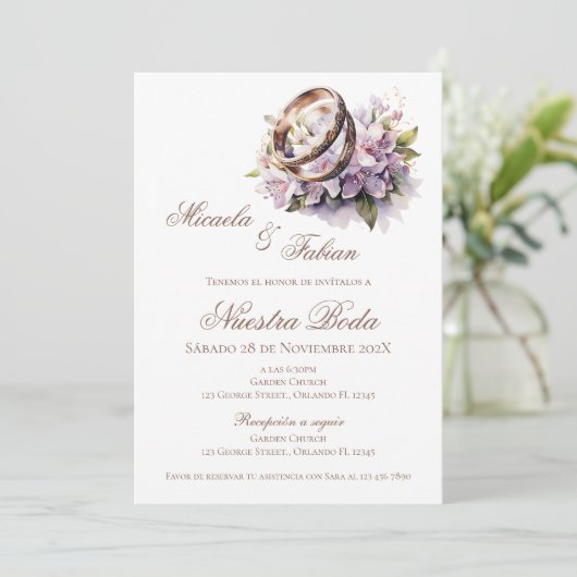 Invitation Mariage Bohème Floral Espagnol avec bague (Debout devant)