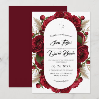 Invitation Mariage Bohème Floral Rouge Bourgogne Aquarelle Mo