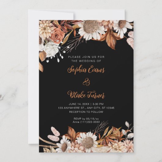Invitation Mariage Bohème Gris Fleurs Blanches Marron Rustiqu (Devant)