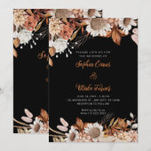 Invitation Mariage Bohème Gris Fleurs Blanches Marron Rustiqu (Devant / Derrière)
