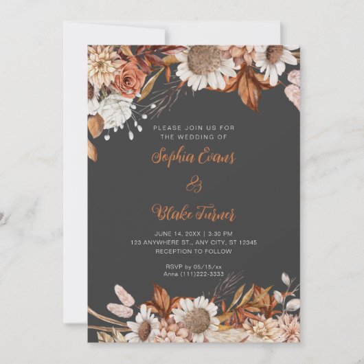 Invitation Mariage Bohème Gris Fleurs Marron Blanc Rustique (Devant)