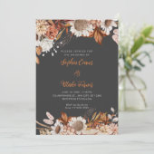 Invitation Mariage Bohème Gris Fleurs Marron Blanc Rustique (Debout devant)