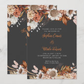 Invitation Mariage Bohème Gris Fleurs Marron Blanc Rustique (Devant / Derrière)