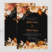 Invitation Mariage Bohème Gris Fleurs Orange Blanches Rustiqu (Devant / Derrière)