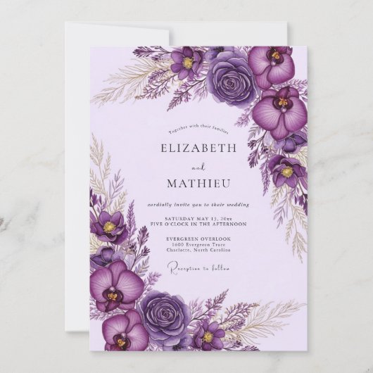 Invitation Mariage Bohème Luxueux Violet (Devant)