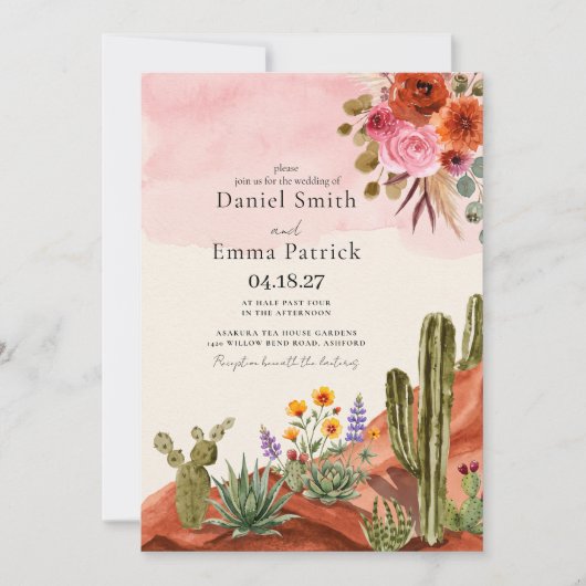 Invitation Mariage Bohème Mexicain Désert Cactus (Devant)