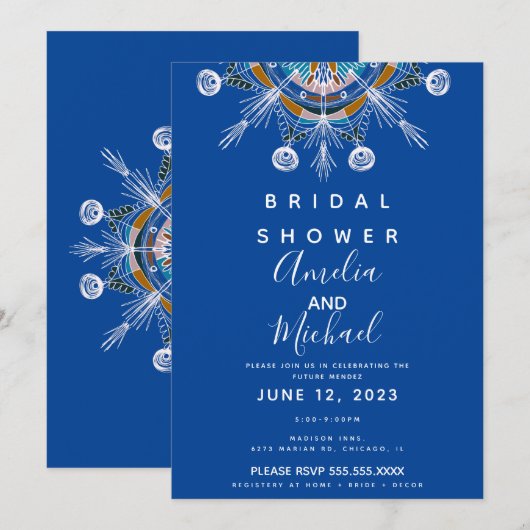 Invitation Mariage Bohème Moderne Mandala Bleu Moutarde Enter (Devant / Derrière)