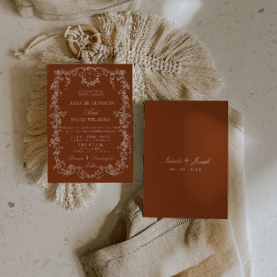 Invitation Mariage Bohème Monogramme Orange Brûlé Floral