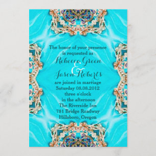 Invitation mariage bohème motif sarcelle turquoise vintage