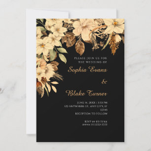 Invitation Mariage Bohème Noir Fleurs Jaunes Automne
