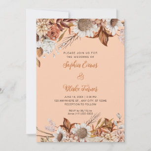 Invitation Mariage Bohème Orange Brun Blanc Fleurs Rustique