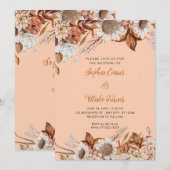 Invitation Mariage Bohème Orange Brun Blanc Fleurs Rustique (Devant / Derrière)