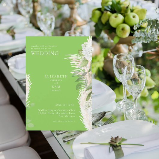 Invitation Mariage Bohème Pampas Hydrangea Blanc Vert Citron