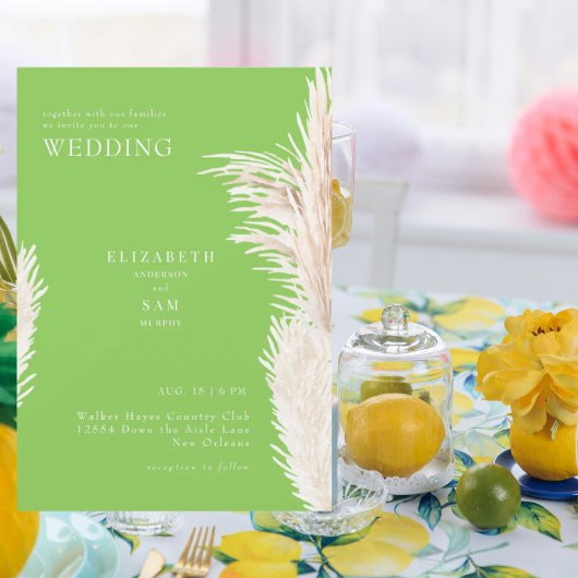 Invitation Mariage Bohème Pampas Vert Citron Ensemble