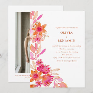 Invitation Mariage Bohème Photo Florale Rose Orange Aquarelle