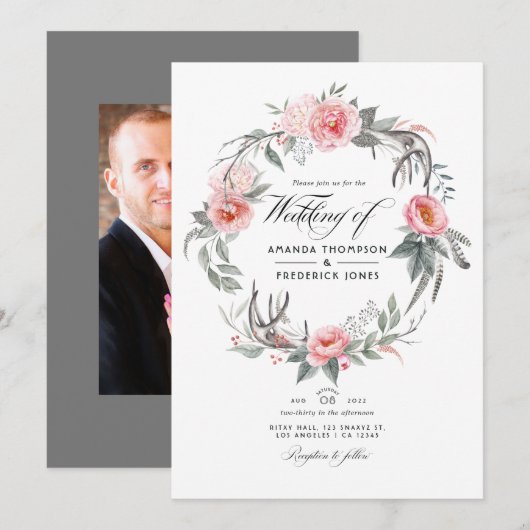 Invitation Mariage bohème rose et gris (Devant / Derrière)