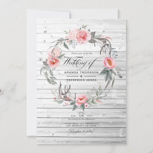 Invitation Mariage bohème rose et gris (Devant)