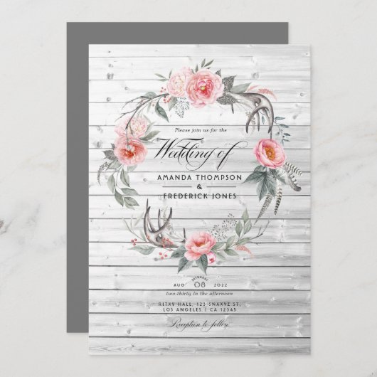 Invitation Mariage bohème rose et gris (Devant / Derrière)