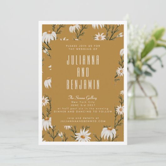 Invitation Mariage Bohème Rustique Fleurs Jaune Moutarde (Debout devant)