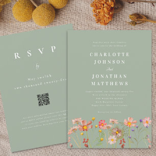 Invitation Mariage Bohème Rustique Fleurs Sauvages Vert Sauge