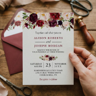 Invitation Mariage Bohème Rustique Floral Rouge Bourgogne Aqu