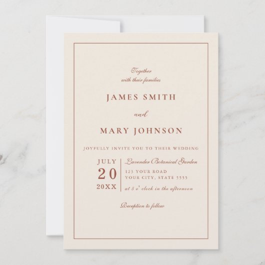 Invitation Mariage Bohème Terracotta Orange Brûlé Minimaliste (Devant)