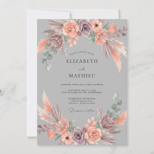 Invitation Mariage Bohème Terrien Gris Étain (Devant)