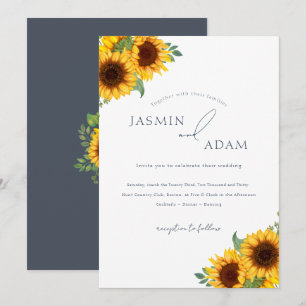 Invitation Mariage Bohème Tournesol Floral Ardoise Bleu