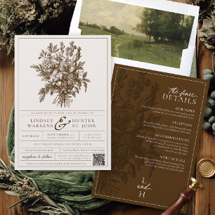 Invitation Mariage Bohème Vintage Floral Marron et Ivoire