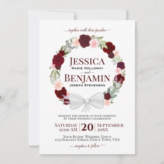 Invitation Mariage Boho à couronne florale rousse rustique de (Devant)