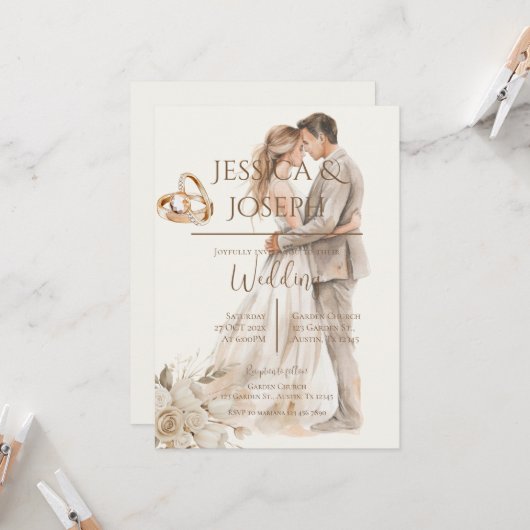 Invitation Mariage Boho avec anneau et silhouette des mariés (Devant/Arrière en situation)