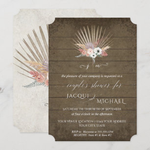 Invitation Mariage BOHO Blanc Floral Palmier Rustique Bois Co