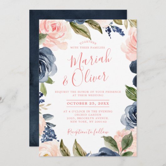 Invitation Mariage Boho bleu bleu bleu rose bleu marine (Devant / Derrière)