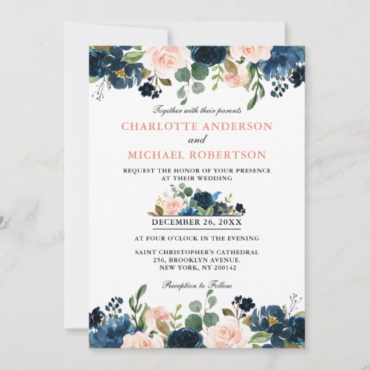 Invitation Mariage Boho bleu bleu bleu rose bleu marine (Devant)