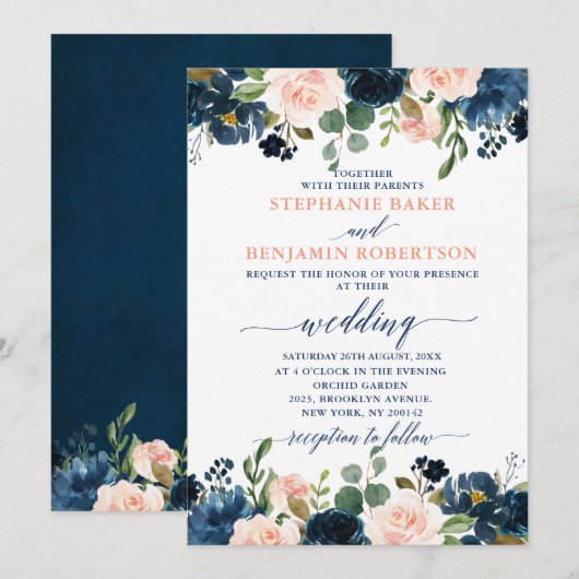 Invitation Mariage Boho bleu bleu bleu rose bleu marine (Devant / Derrière)