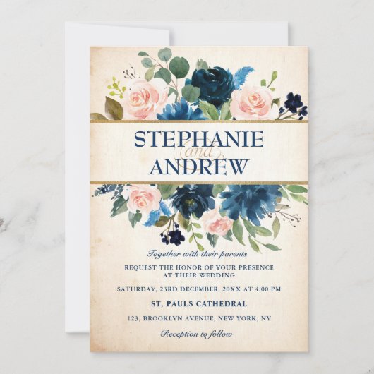 Invitation Mariage Boho bleu bleu bleu rose bleu marine (Devant)