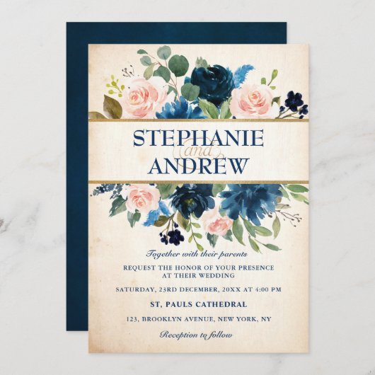 Invitation Mariage Boho bleu bleu bleu rose bleu marine (Devant / Derrière)