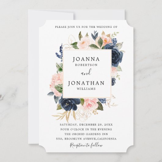 Invitation Mariage Boho bleu bleu bleu rose bleu marine (Devant)