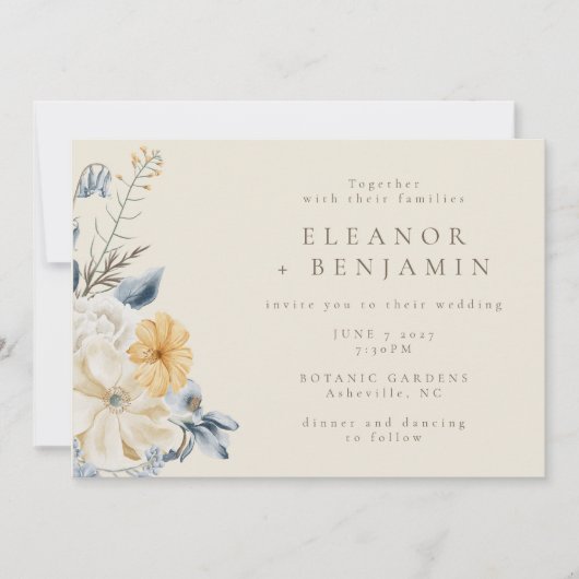 Invitation Mariage Boho bleu rustique jaune Floral (Devant)