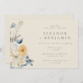 Invitation Mariage Boho bleu rustique jaune Floral (Devant / Derrière)