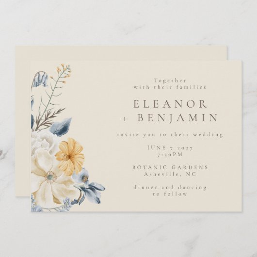 Invitation Mariage Boho bleu rustique jaune Floral (Devant / Derrière)