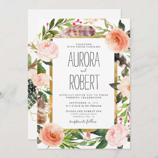 Invitation Mariage Boho de la Floride de Bourgogne, Peach, ro (Devant / Derrière)