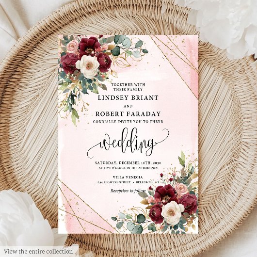 Invitation Mariage Boho Deep Red Gold Blush