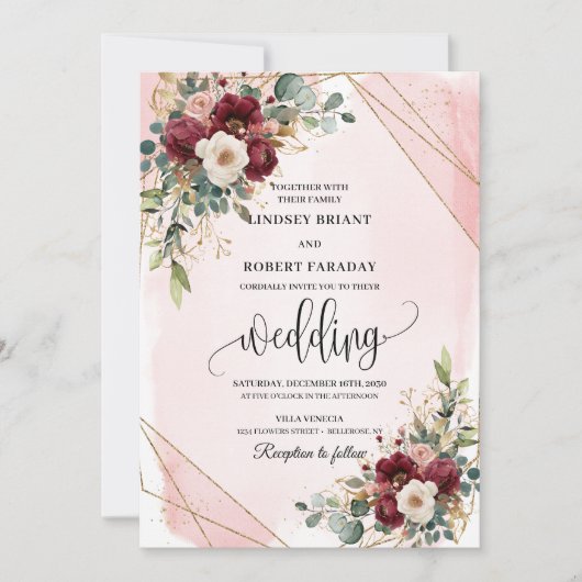 Invitation Mariage Boho Deep Red Gold Blush (Devant)
