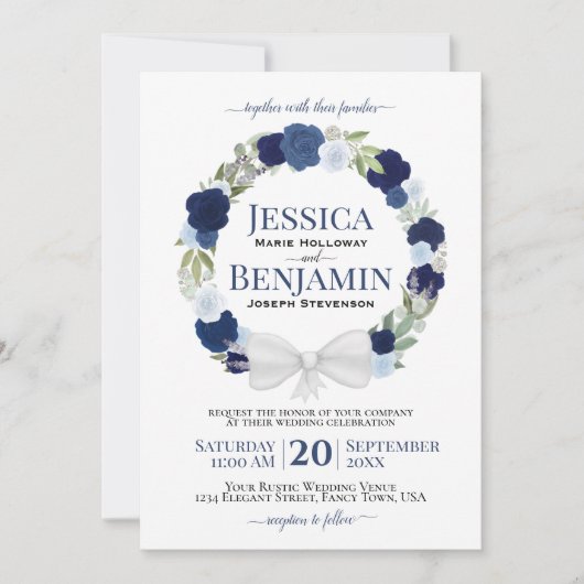 Invitation Mariage Boho élégant en fleurs bleu rustique (Devant)
