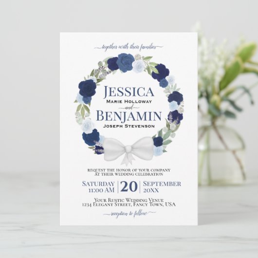 Invitation Mariage Boho élégant en fleurs bleu rustique (Debout devant)