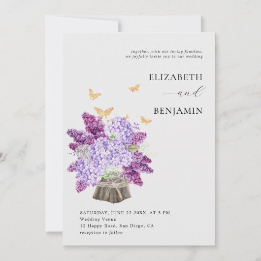 Invitation Mariage Boho en or à papillon Lilac Hydrangea Rust (Devant)